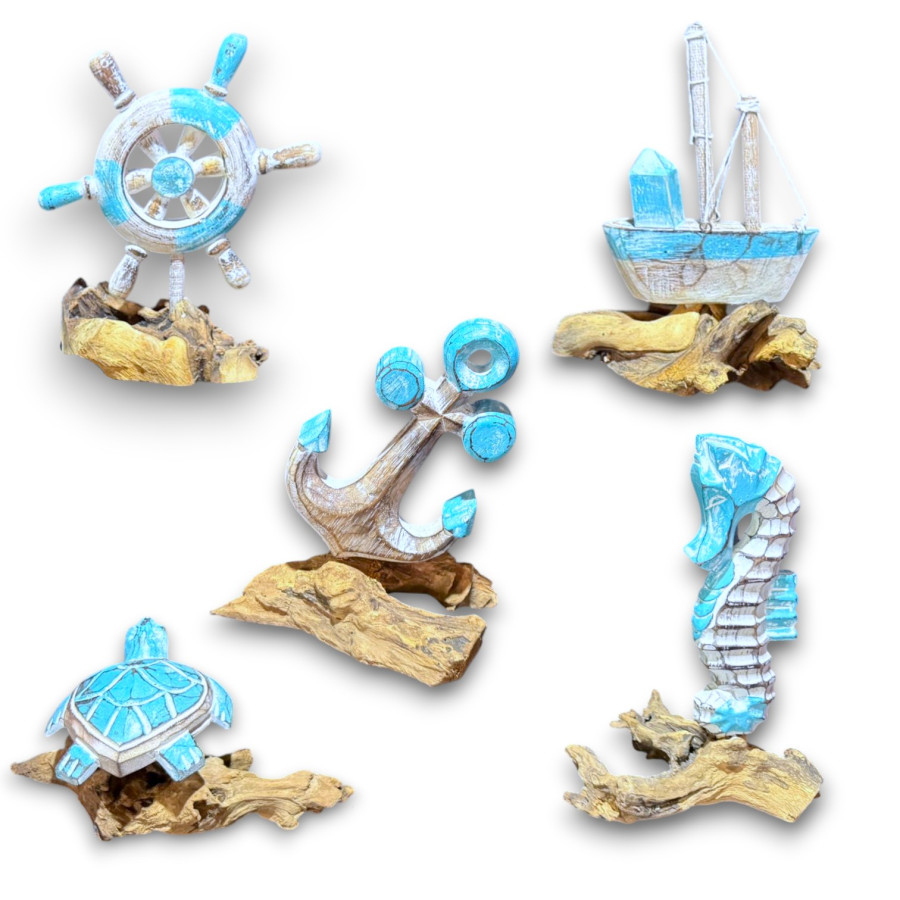 FIGURAS MARINAS NATUR/TURQUESA (ancla,hipocampo,tortuga,timon,barco) 25cm pack 5