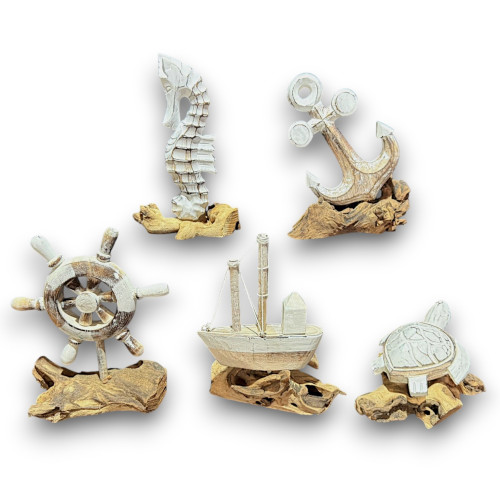 FIGURAS MARINAS NATUR/BLCO (ancla,hipocampo,tortuga,timon,barco) 25cm pack 5